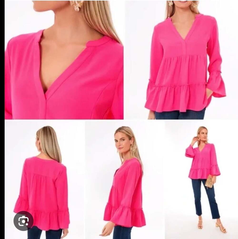 Pomander Place Hot Pink V-Neck Tiered Long Sleeve Blouse